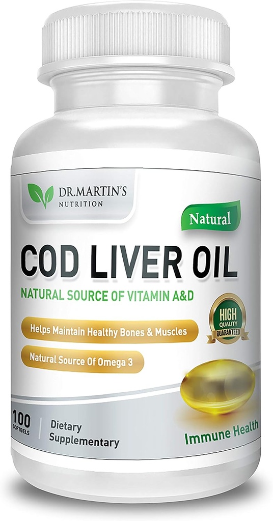 Burpless COD Liver Oil | 100 Softgels | Omega 3 Fatty Acids EPA & DHA | Vitamin A & D | Support Brain, Heart, Eye & Immune Health For Commons, Bones & Muscles Supplement No AfterTaste