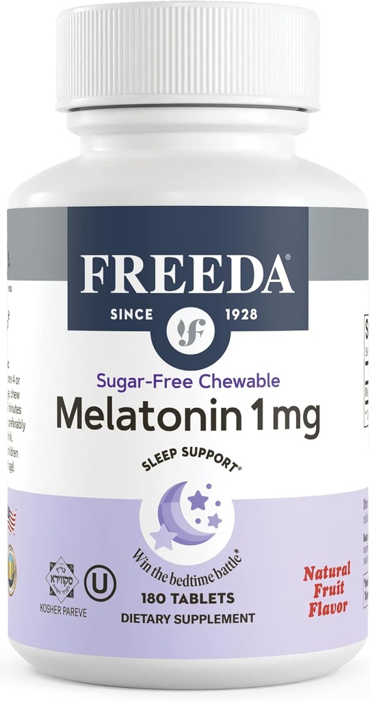 FREEDA Melatonin 1 mg Sugar-Free Chewable Tablets – Natural Fruit Flavor Sleep Aid for Adults and Kids Ages 3 and Up – Non-Habit Forming, Vegan, Gluten-Free, Kosher – Made in USA (180 Count)