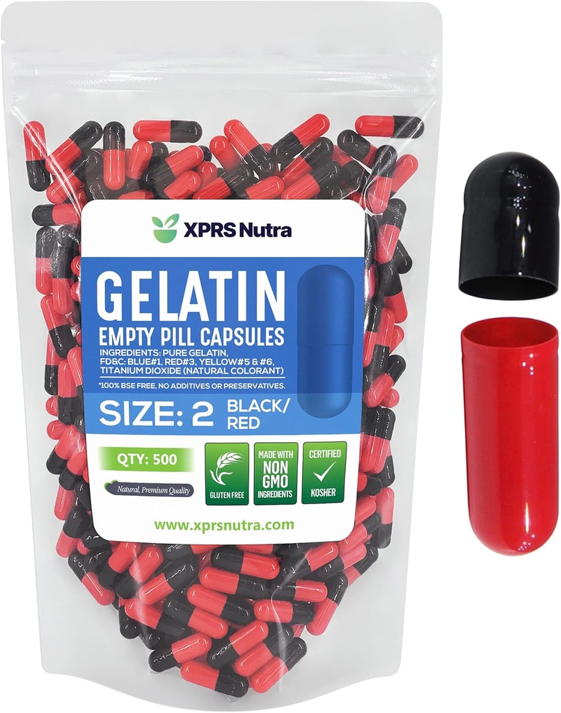XPRS Nutra Boyutu 2 Boş Kapsüller - 500 Kont Boş Gelatin Capsules - Pills DIY Capsule - Pure Bovine Pill Gel Caps For Do-It- Yourself Supplements (Black/Red)