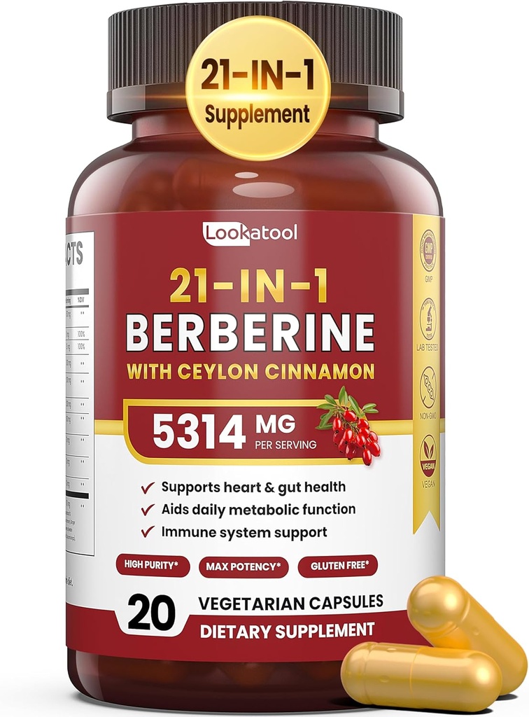21-in-1 Berberine Supplement with Ceylon Cinnamon - 1500mg Organic Berberine HCL Phytosome, 5X Higher Absorption for Metabolism Support 20 Capsules