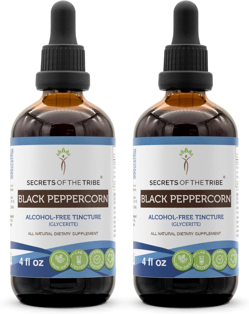 Μυστικά της Φυλής Black Peppercorn Alcohol-Free Liquid Extract, USDA Organic Black Peppercorn (Piper nigrum) Timcture Supplement (2x4 FL OZ)