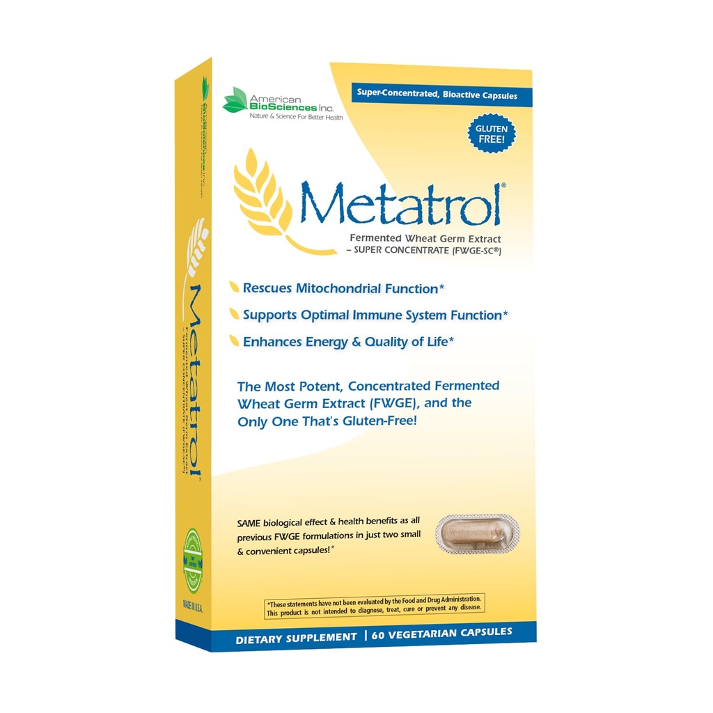 American BioSciences Metatrol Fermented Wheat Germ Extract - Ανοσοποιητικό & Μιτοχόνδρια Υποστήριξη για Ανανεωμένη Ζωτικότητα & Ενισχυμένη Ενέργεια - Χωρίς γλουτένη - 60 κάψουλες χορτοφάγων, 41mg