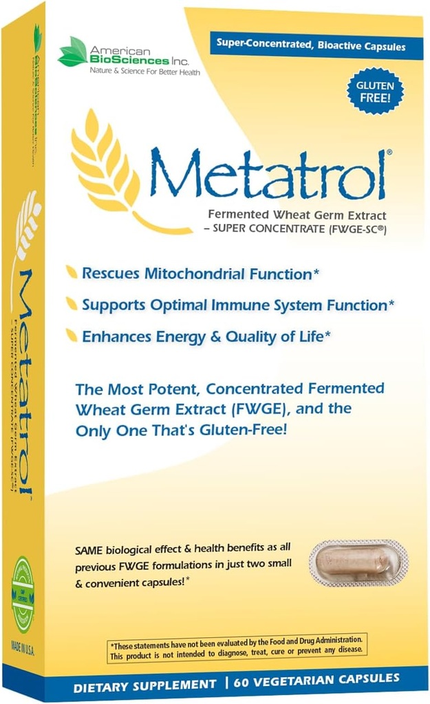 American BioSciences Metatrol Fermented Wheat Germ Extract - Immune & Mitochondria Support for Renewed Vitality & Advancedd Energy - Gluten Free - 60 Vegetarian Capsules, 41 mg