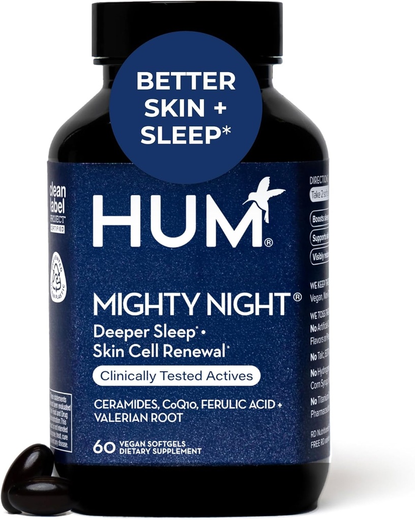 HUM Mighty Nighttime Sleep Supplement for Skin Care, CoQ10, Valerian Root & Ferulic Acid to Support Cell Turover, Skin Vitamins for Women and Men, Overnight Beauty Vitamins, 60 Vegan Softgels