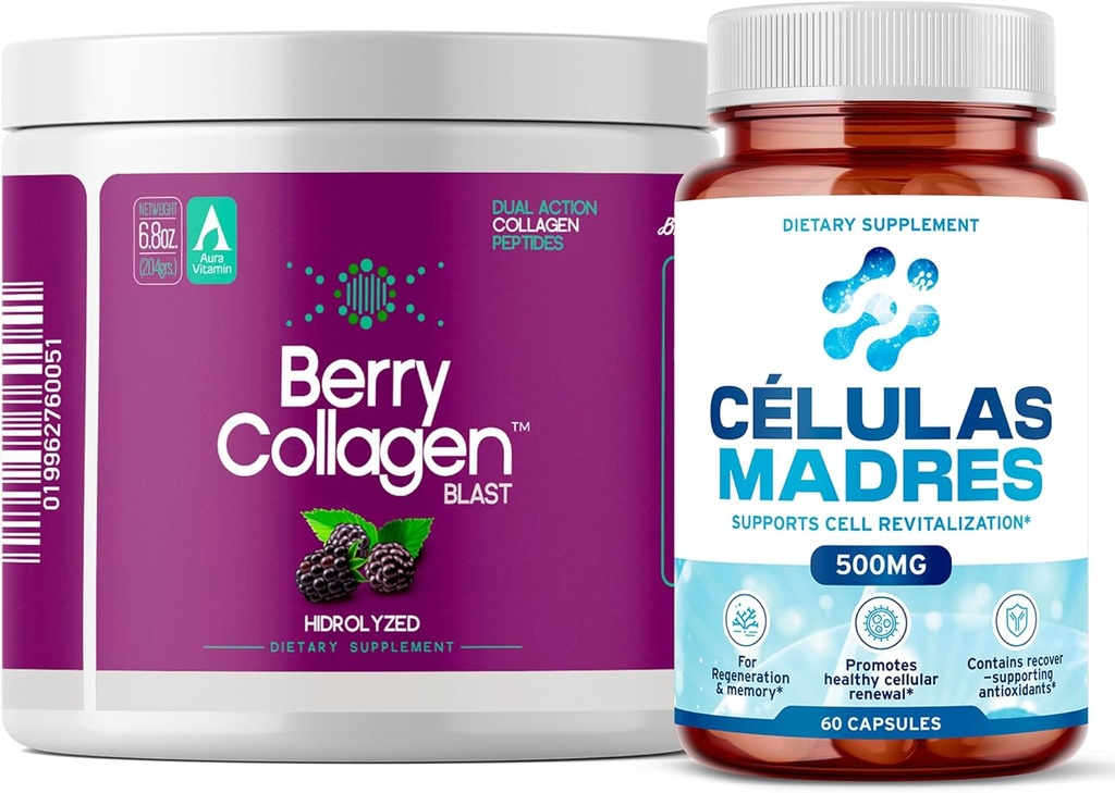 AFA Stem Cell Supplements 500mg & Berry Collagen Blast Bundle | Support Antiaging, Immunity, Joint & Gut Health | 60 Caps + Hydrolyzed Collagen Powder | Hair, Skin, Nail & Bone Support | 204g