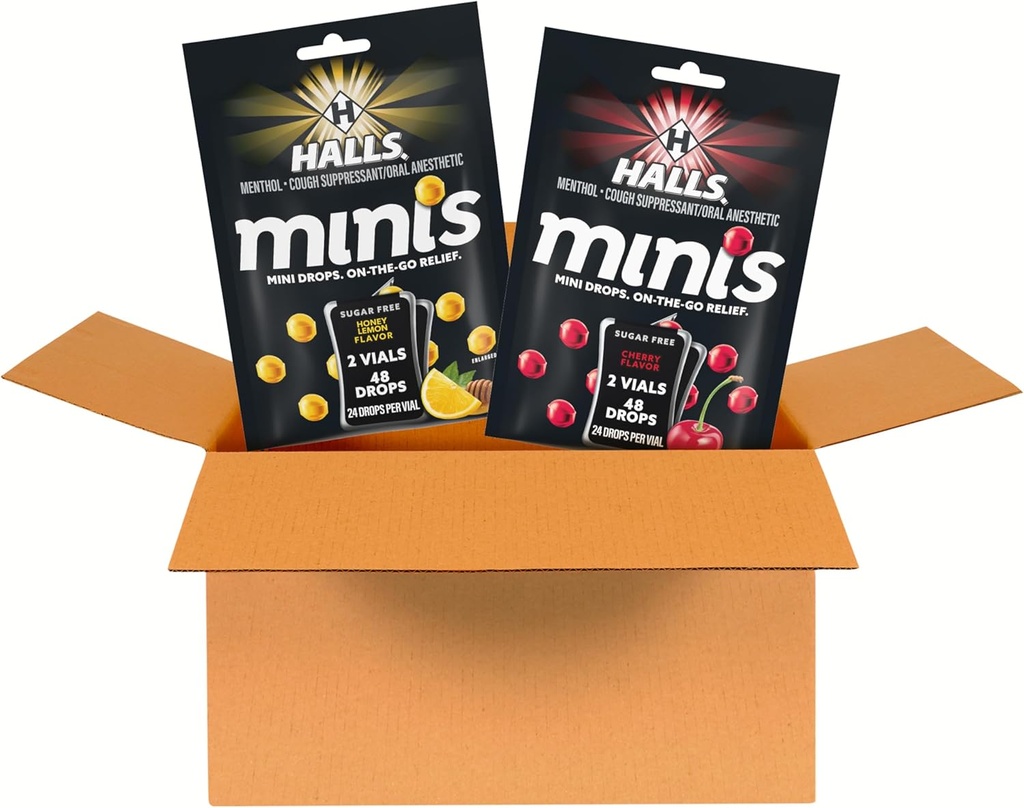 HALLS Minis Cherry and Honey Lemon Sugar Free Cough Drops Variety Pack, 2 τσάντες, 4 συσκευασίες (96 συνολικές σταγόνες)