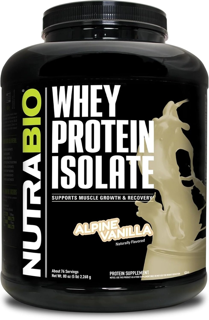 NutraBio 100% Whey Protein Isolate Protein Powder, 25g Protein with Complete Amino Acid Profile, Non-GMO, Soy & Gluten Free, Low Carb, Low Calorie Whey Protein Powder, Alpine Vanilla, 5 Lbs