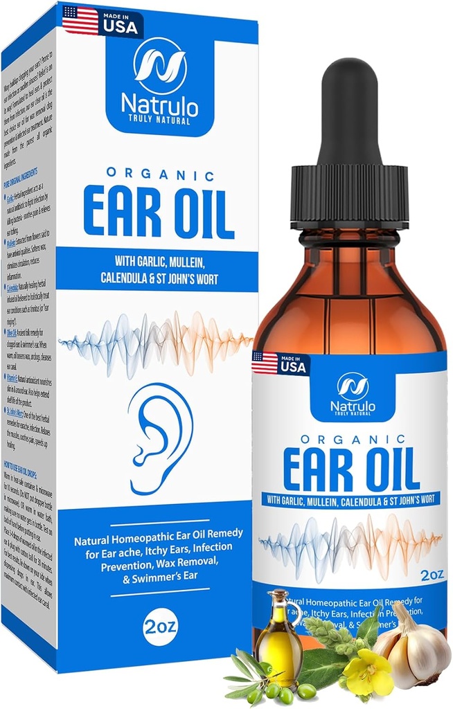 Organic Ear Oil for Ear Infection - Natural Eardrops for Earlache Prevention, Swimmer's Ear & Wax Relection - Kids, Adults, Baby, & Dog Earlache Remedy - with Mullein, σκόρδο, Calendula Made in USA (2 Oz)