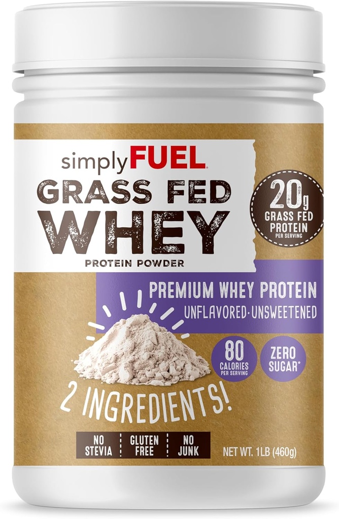 simplyFUEL 100% Grass Fed Whey Protein Powder - Only 2 Ingredients, Unflavored, Unsweetened, Gluten Free, No Soy, 20g Protein - Zero Sugar, No Carb Clean Protein - Muscle Growth and Recovery 1LBS