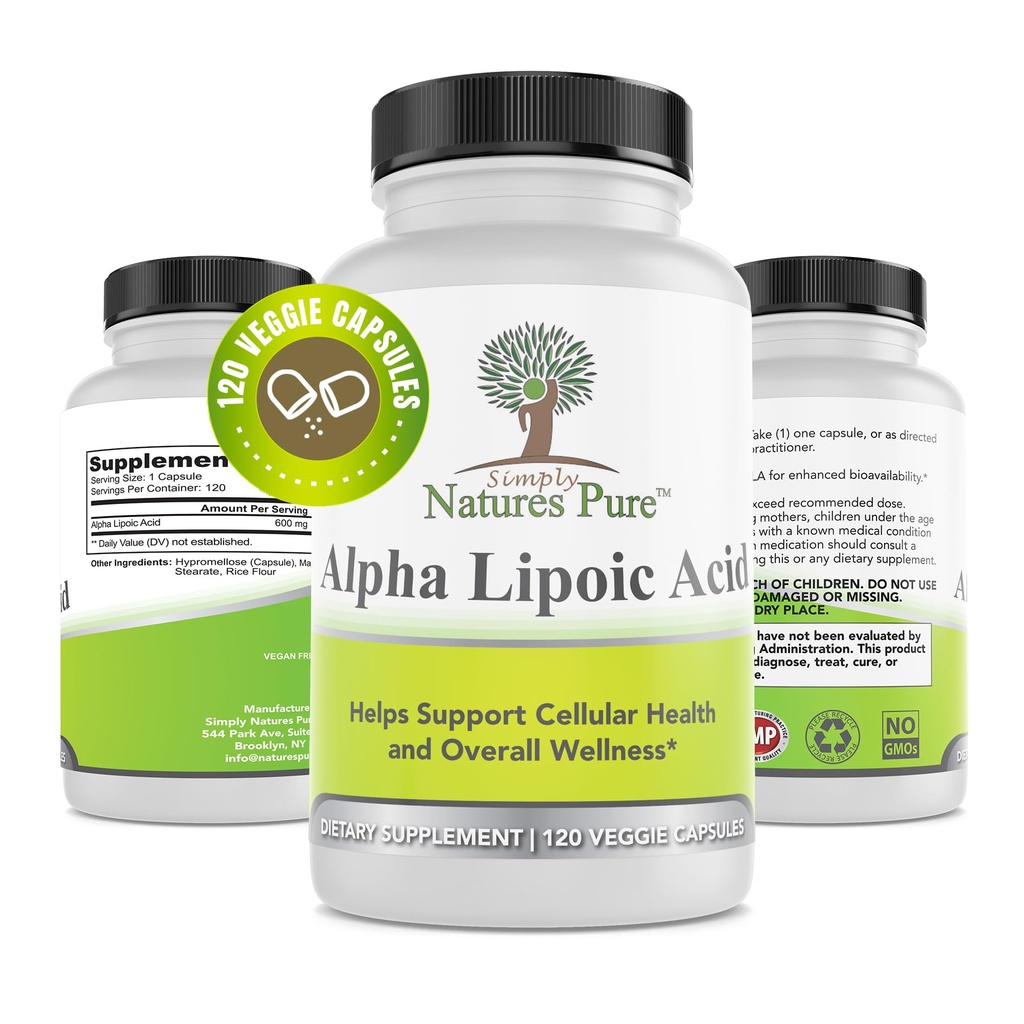 Basitçe Doğalar Saf Alfa Lipoic Asit 600 mg 120 Veggie Capsules, Non-GMO Thioctic Asit 4 Ay Supply