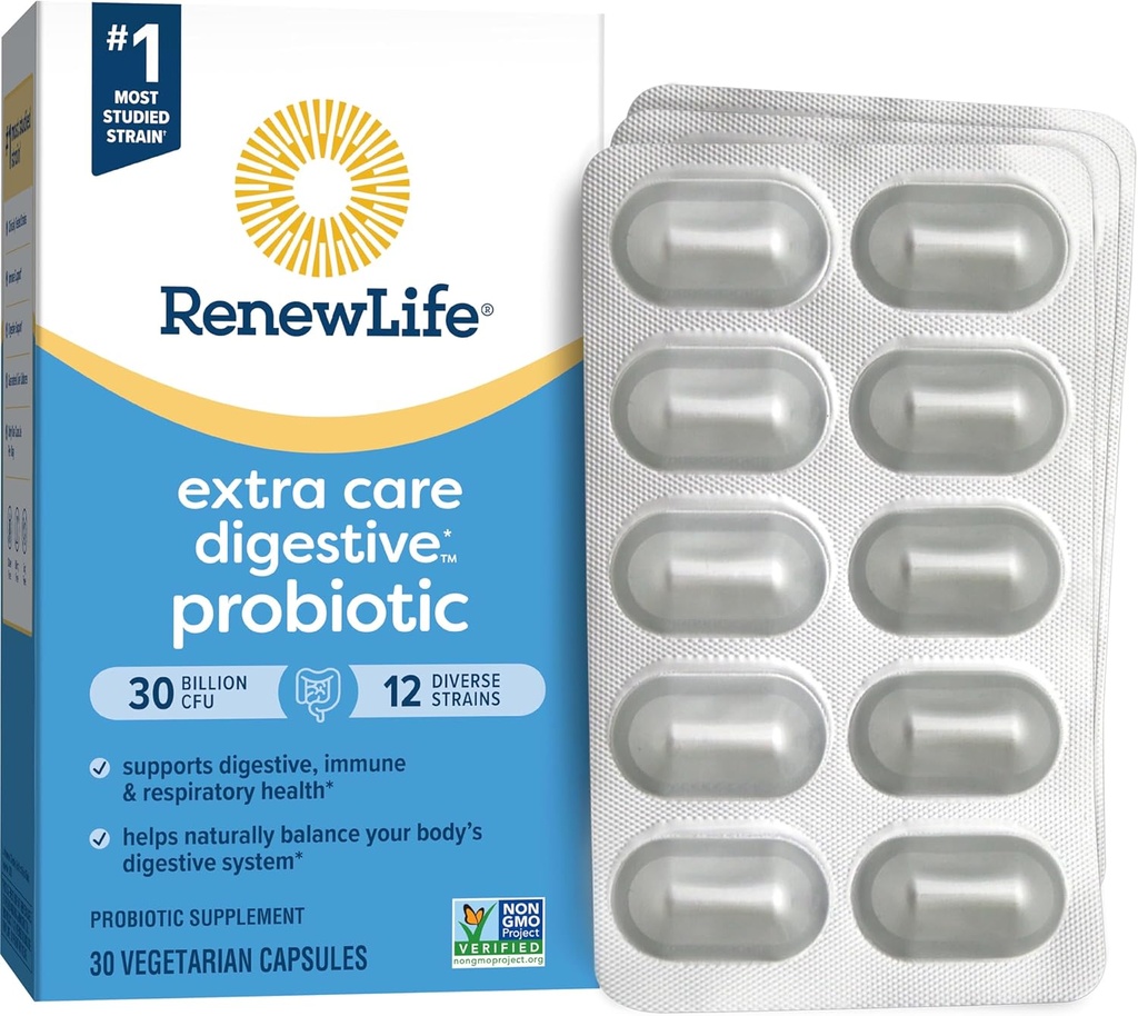 Renew Life Extra Care Go-Pack Probiotic Κάψουλες, Καθημερινή Συμπληρώματα Υποστηρίζει Ανοσοποιητική, Πεθητική και Αναπνευστική Υγεία, L. Rhamnosus GG, Γαλακτοκομικά, Σόγια και Χωρίς Γλουτένη, 30 Δισεκατομμύρια CFU, 30 Ct