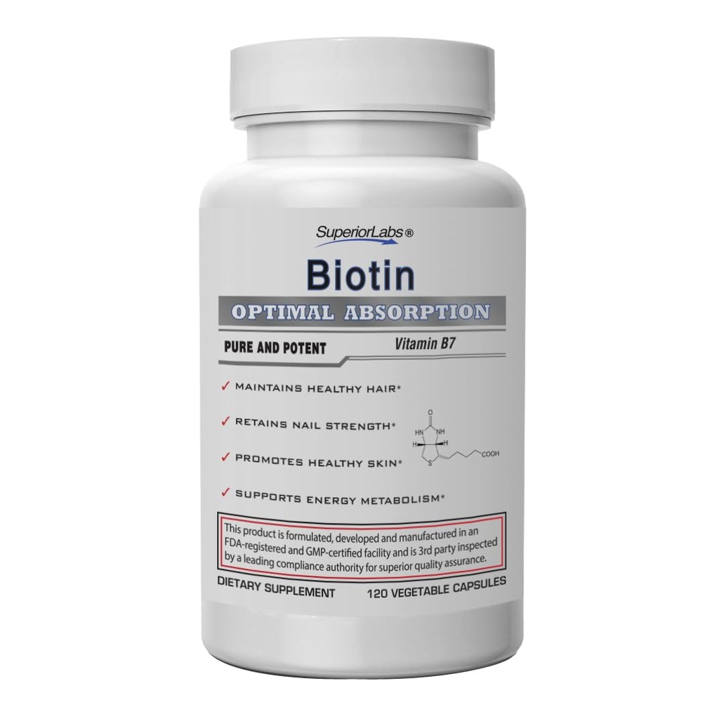 Üstün Laboratuvarlar - En İyi Doğal Biyotin NonGMO Supplement - Luscious Longer Saç ve Lashes için - Güçlü Çiçekler - Sağlıklı Cilt - Enerji programlanabilir - Sağlıklı Kilo - 5000 mcg, 120 Sebze Caps