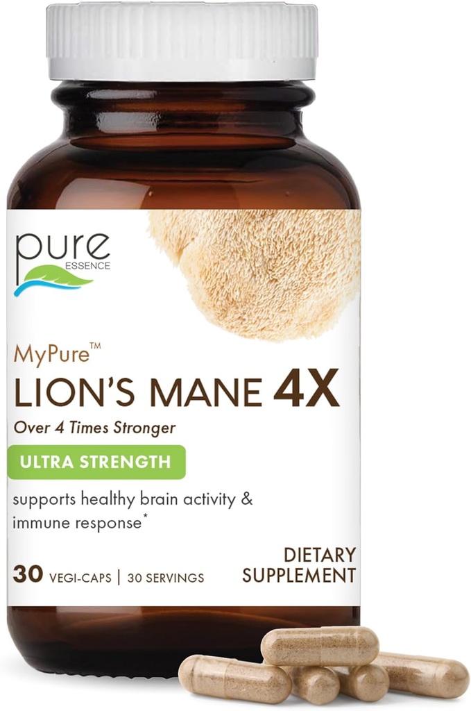 PURE ESSENCE LABS MyPure Lion's Mane 4X - Συμπλήρωμα υποστήριξης εγκεφάλου υπέρμετρης αντοχής με 6:1 εκχύλισμα ζεστού νερού & 10:1 εκχύλισμα για Γνωστική Υγεία, Εστίαση, Μνήμη & Διανοητική Καθαρότητα, 30 κάψουλες