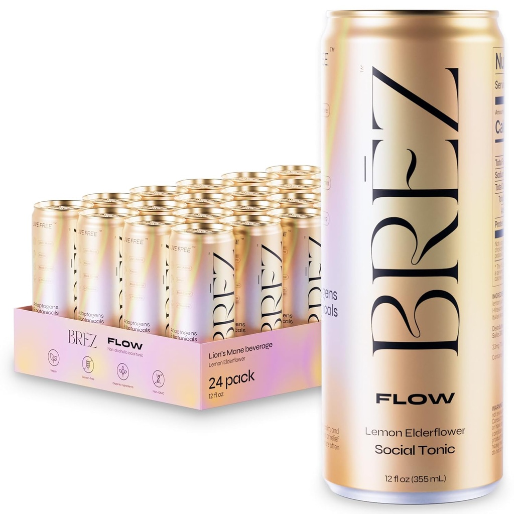 BREZ FLOW Lion's Mane Mushroom Drink, 24Pack, Infüzyon, Adaptogens, Relieving, Uplifting, and Social, Sparkling Lemon Elderflower Tonic 12 Fl oz
