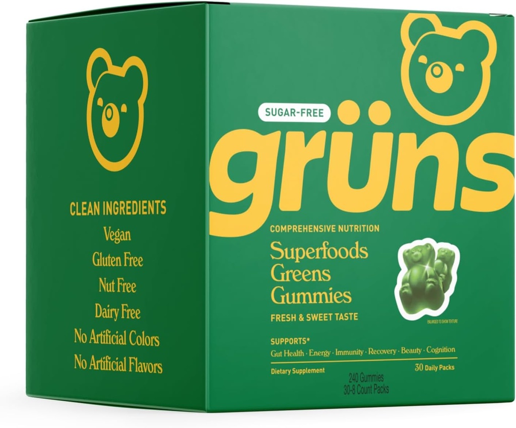 Gruns Sugar Free Super Greens Gummy Bears - Organik Spirulina ve Chlorella, Digestive Health, 20+ Vitaminler ve Mineraller, Adaptogens - 30 sachets - 240 Gummies