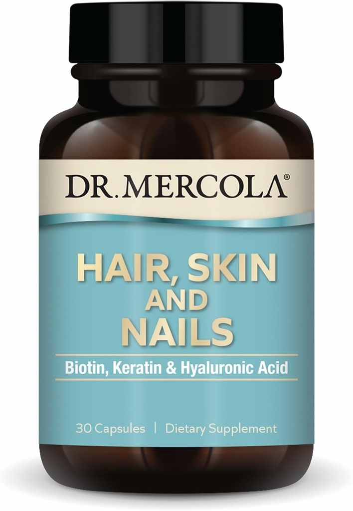 Dr. Mercola Saç, Skin ve Nails - Biotin, Keratin & Hyaluronic Asit - Premium Kalite - Sağlıklı Aging - Non-GMO, Gluten-Free & Soy-Free - 30 Capsules (30 hizmet)