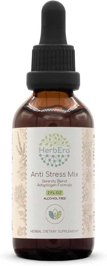 Anti Stres Mix B60 Alkol-Free Extract Tincture, Eleuthero Root, Rhodiola Root, Schisandra Berry, Gotu Kola Herb, Kutsal Herb. Serenity Mix: Adaptogen Formula 2 Fl Oz