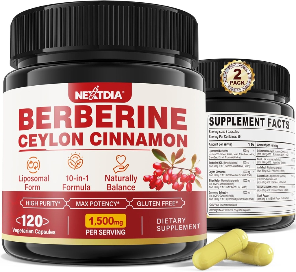 2 Pack 1500 mg Liposomal Berberine HCL ile Ceylon Cinnamon Bitter Melon, Organik Berberine Komplek Supplements with Banana Leaf, Supports Immune & Digestion - Vegan 240 Capsules