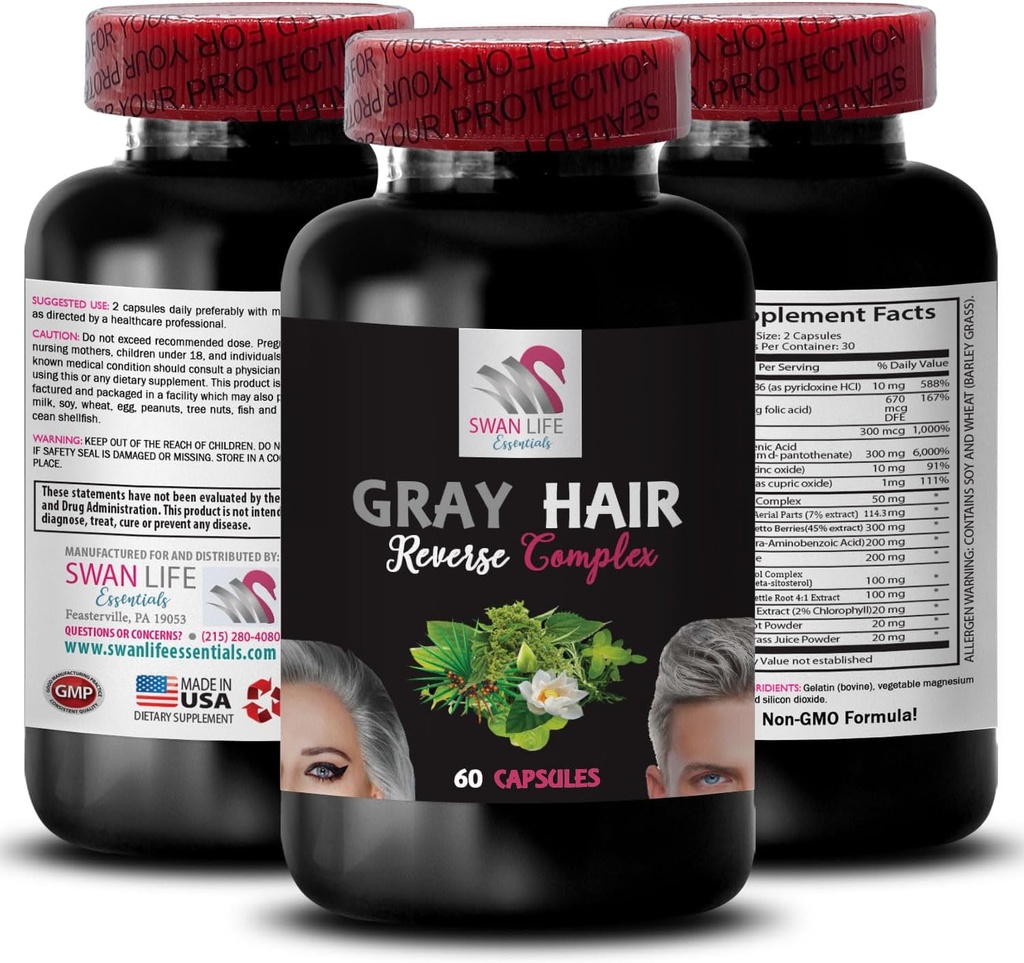 Biotin, vibrancy - GRAY HAIR REVERSE - saç bakımı çözümü, saç rengi, renk restorasyonu, saç ton iyileşmesi, yaş meydan okuması, canlı saç rengi, saç zenginleştirme 1 Şişe 60 Caps