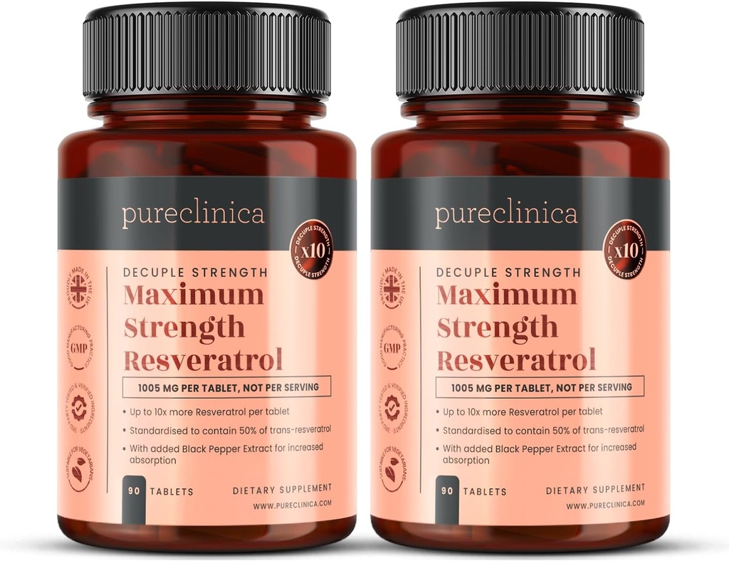 Safclinica 1000 mg Resveratrol x 180 Tabletler (2 Her biri 90 Tablet Şişeler - 6 Ay Supply) 10 x Güçlü ve Siyah Pepper Ekstraksiyonu ile