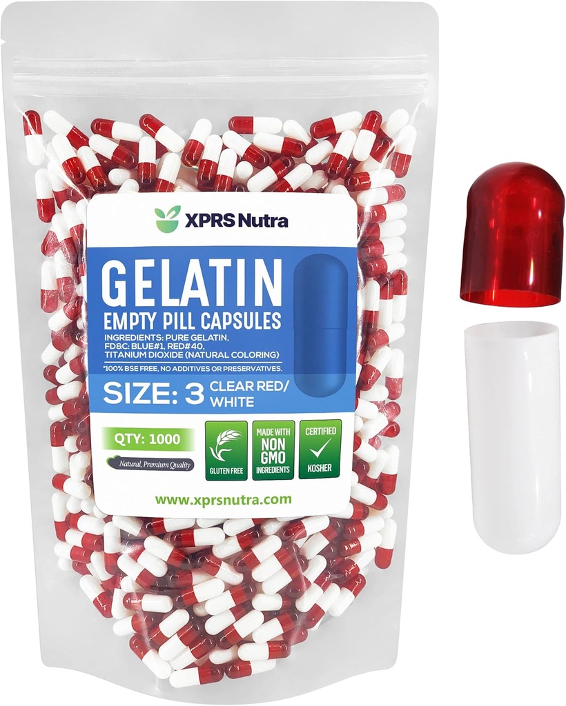 XPRS Nutra Boyutu 3 Boş Kapsüller - 1000 Kont Boş Gelatin Capsules - Pills DIY Capsule - Pure Bovine Pill Gel Caps For Do-It- Yourself Supplements (Clear Red/White)