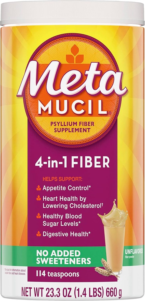 Metamucil, Psyllium Husk Powder, Unflavored with No Added Sweeteners, 114 Servings, 4-in-1 Fiber Supplement, Daily Psyllium Husk Fiber Powder Help Support Digestive Health by Promotion Regularity*