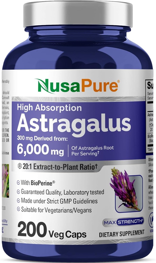 NusaPure Astragalus 20:1 Ekstraksiyon, 300 mg Oda başına 6.000 mg Eşdeğer, 200 Veggie Capsules, Non-GMO & Bioperine