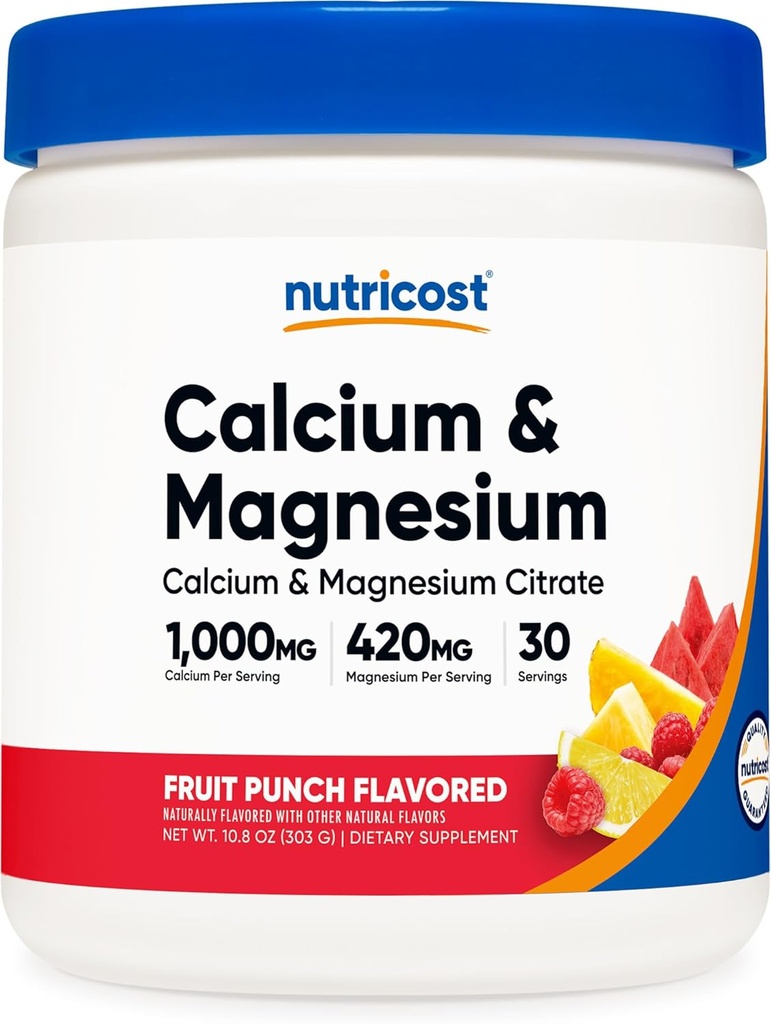 Nutricost σκόνη μαγνησίου ασβεστίου (Fruit Punch, 30 σέρβις) - Υποστήριξη οστών, μη ΓΤΟ, Χωρίς γλουτένη (από κιτρικό ασβέστιο και κιτρικό μαγνήσιο)