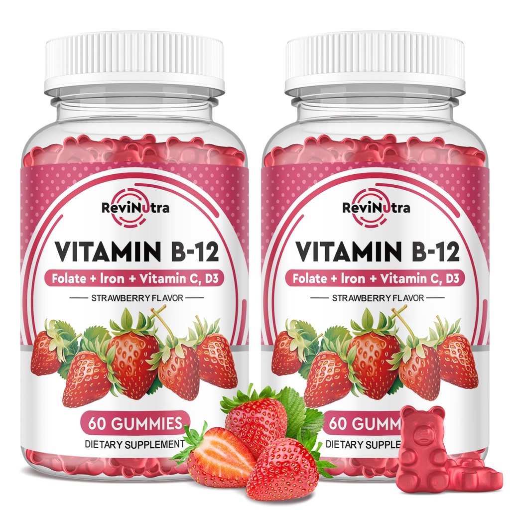 B12 Vitamin Kompleksi Gummies - 5000 mcg Torchcobalamin with Iron, C, D3 & Folate, Energy Support & Metabolism, Immune, B-12 Chewberry Flavor, 2 Pack