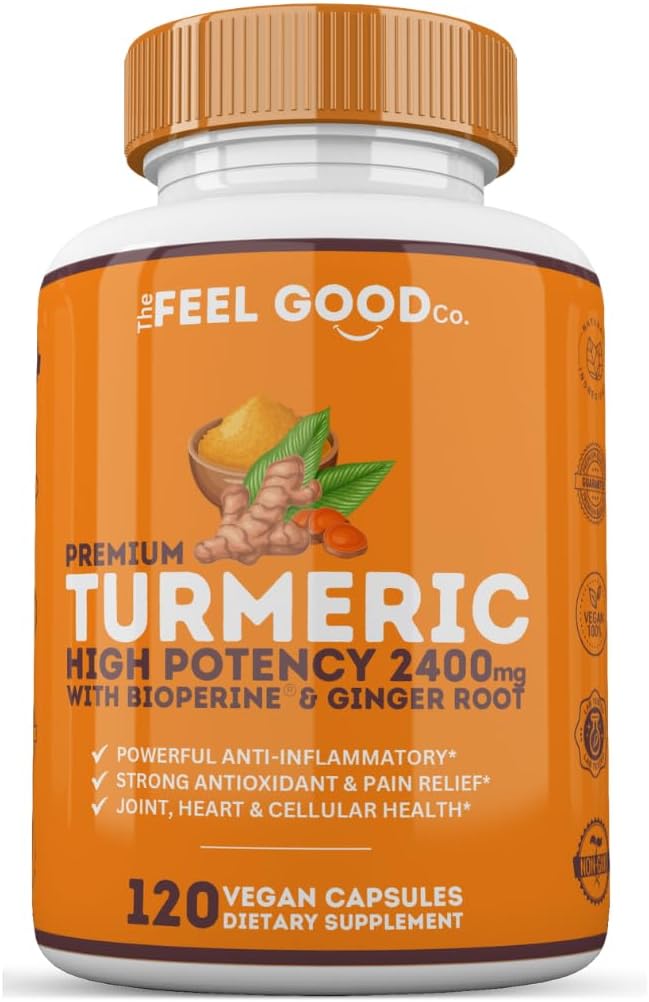 Feel Good Turmeric Circumin 2400 mg 95 Curcuminoids with BioPerine | Turmeric Supplement for Brain & Joint Support | 120 Vegan Capsules