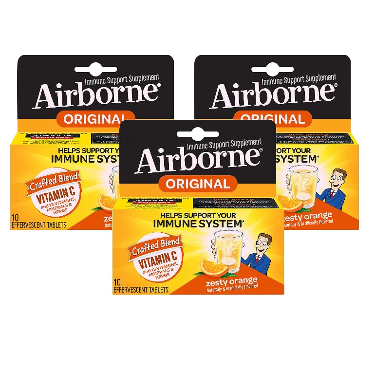 Airborne 1000mg Vitamin C with Zinc Effervescent Tablets, Immune Support Supplement with Powerful Antioxidants Vitamins A C & E - 10 Fizzy Drink Tablets, Zesty Orange Flavor (Zesty Orange (Pack of 3))