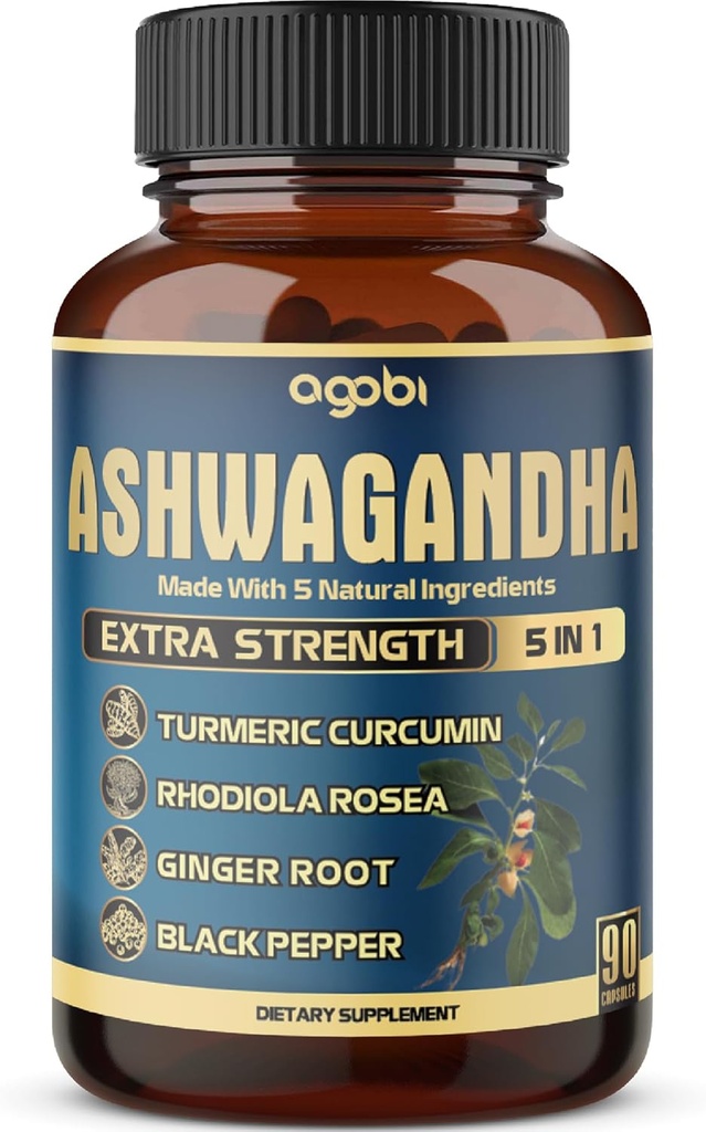 Ashwagandha Extract Capsule - Great Strength - 5in1 Ölmüş Ginger, Turmeric, Rhodiola Rosea & Black Pepper - 3 Ay için 90 Capsules - Güçlü, Ruh & Immune Support