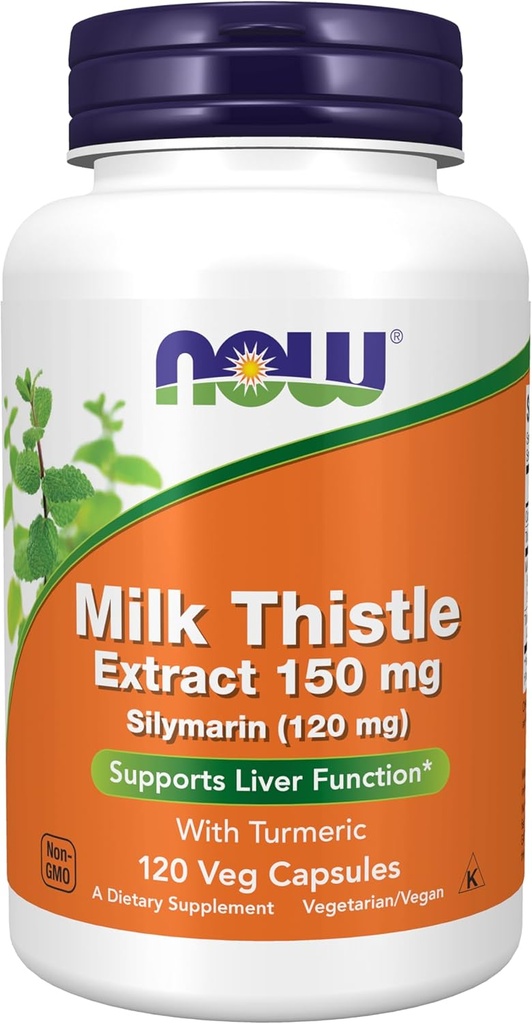 NOW Συμπληρώματα τροφίμων, Silymarin Milk Thistle Extract 150 mg με Turmeric, Υποστηρίζει τη λειτουργία του ήπατος *, 120 κάψουλες Veg