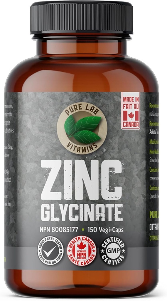Çinko Glycinate 23 mg Supplement - 150 Vegan Caps by Pure Lab Vitamins - Sıvı Deri & Nails - Immune System, Prostate, Vision - Made in Canada