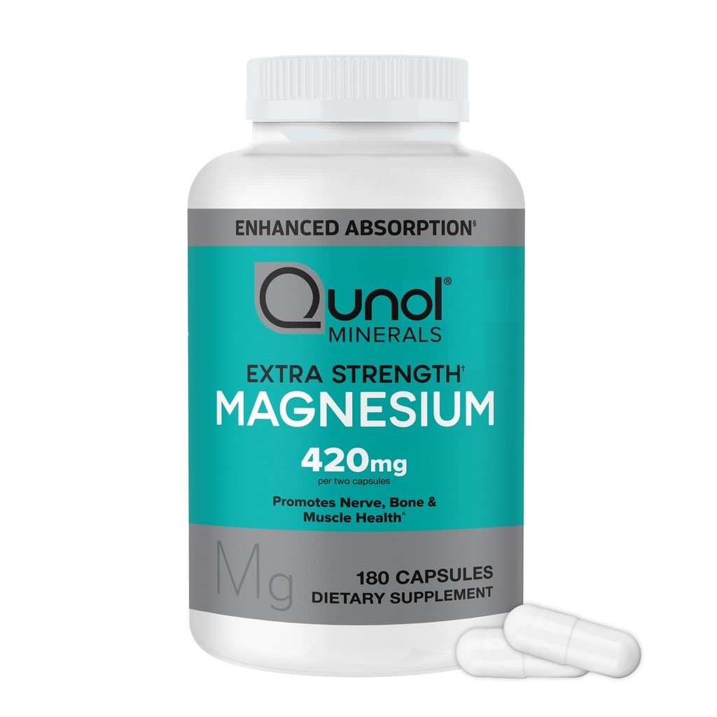 Qunol Magnesium Capsules 420mg, 100% DV, High Absorption Magnesium Supplement, Extra Strength, Bone and Muscle Health Supplement, 180 Count