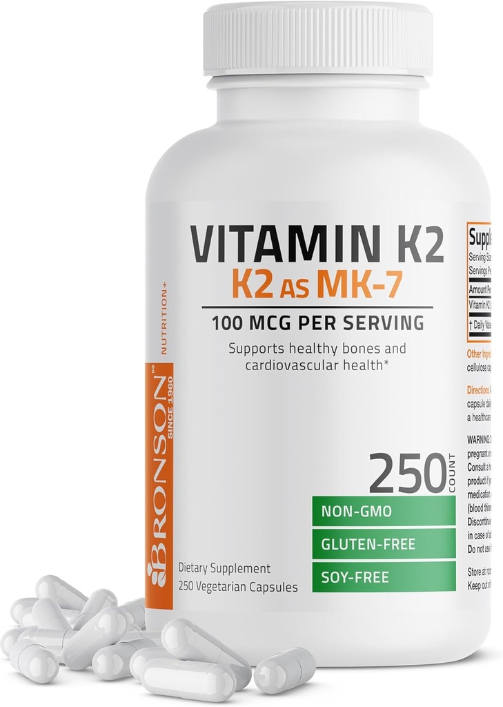 Bronson Βιταμίνη K2 ως MK-7 Μενακινόνη 100 mcg Μη ΓΤΟ, 250 κάψουλες