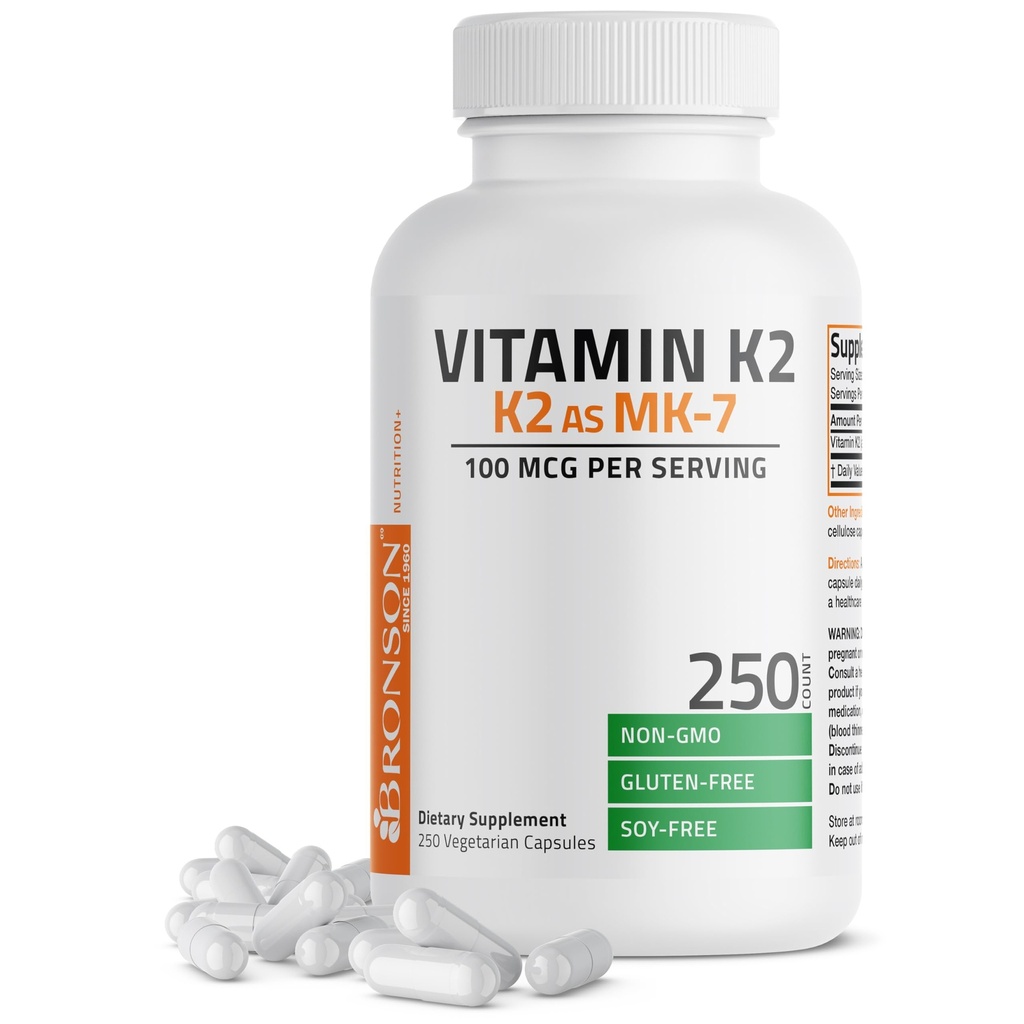 Bronson Vitamin K2 MK-7 Menaquinone 100 mcg Non-GMO, 250 Capsules