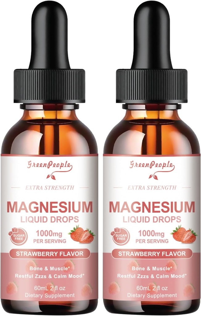 GREENPEOPLE Magnezyum Glycinate Liquid Drops - 1000 mg 5-in-1 Yüksek Abhidroplastik Kompleks D3/K2/B6 | Hızlı Odaklı, Bone, Muscle & Sleep | Sugar-Free Strawberry Flavor, 2fl Oz 2 Pack