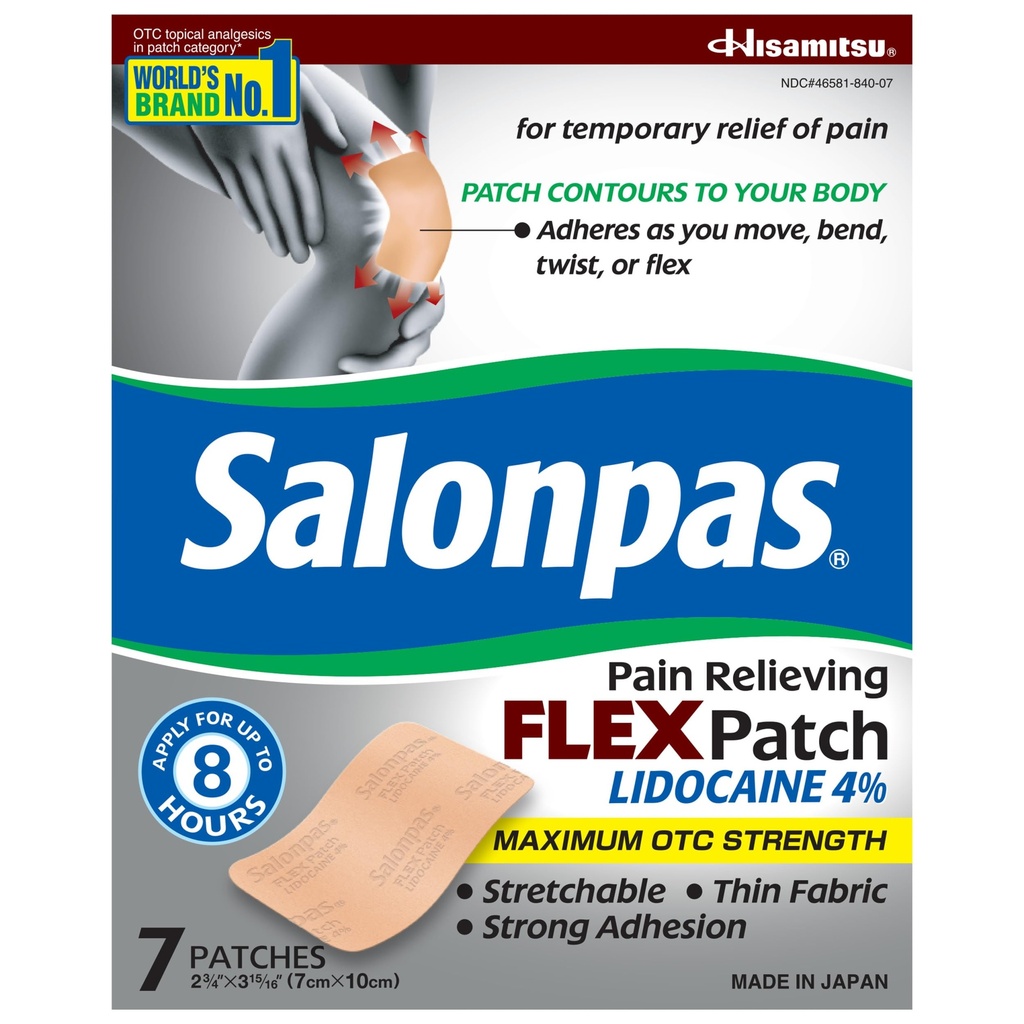 Salonpas maksimum OTC Güçlü Lidoka % 4 Pain Relieving FLEX Patch, Up To 8 Hours, Unscented, Thin, Flex, Light, Patch Stays in Place, 7 Patches