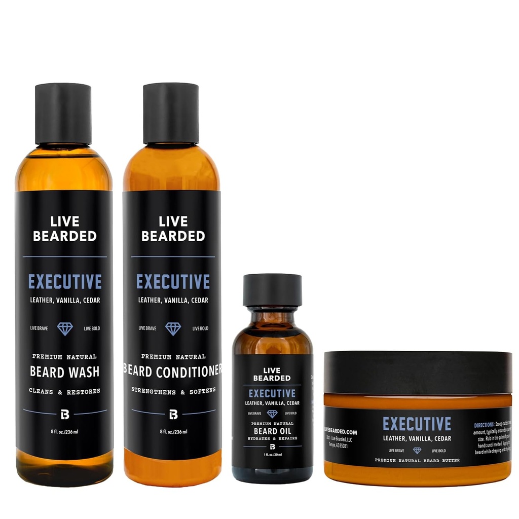 Live Bearded Complete Beard Grooming Kit - Yıkama, Durumer, Butter ve Petrol - ABD'de All-Doğal Malzemeler ile - Erkekler Groom Set | Executive Scent - Cedar, Vanilla