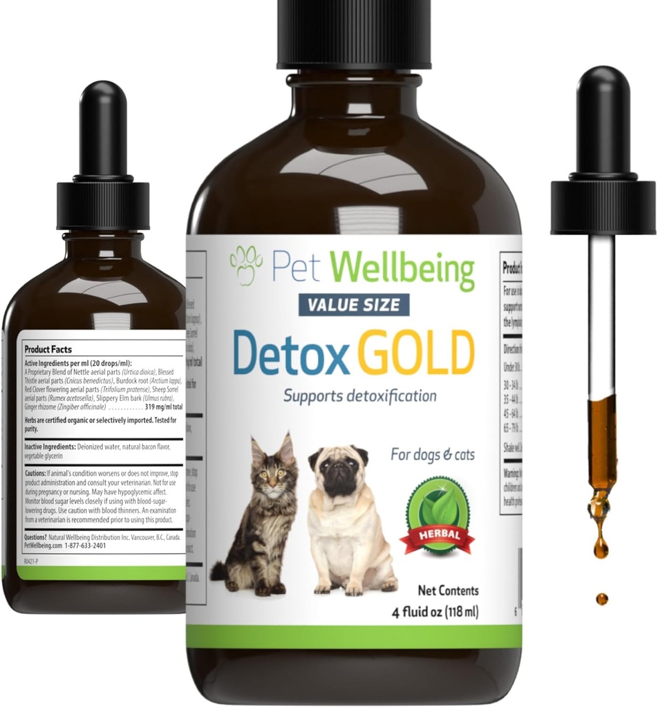 Pet Wellence Detox Gold for Dogs & Cats - Gentle Detoxification & Elimination Support, Immune System Care, Nettle, feat Thistle - Veterinarian-Formated Herbal Supplement 4 oz (118 ml)