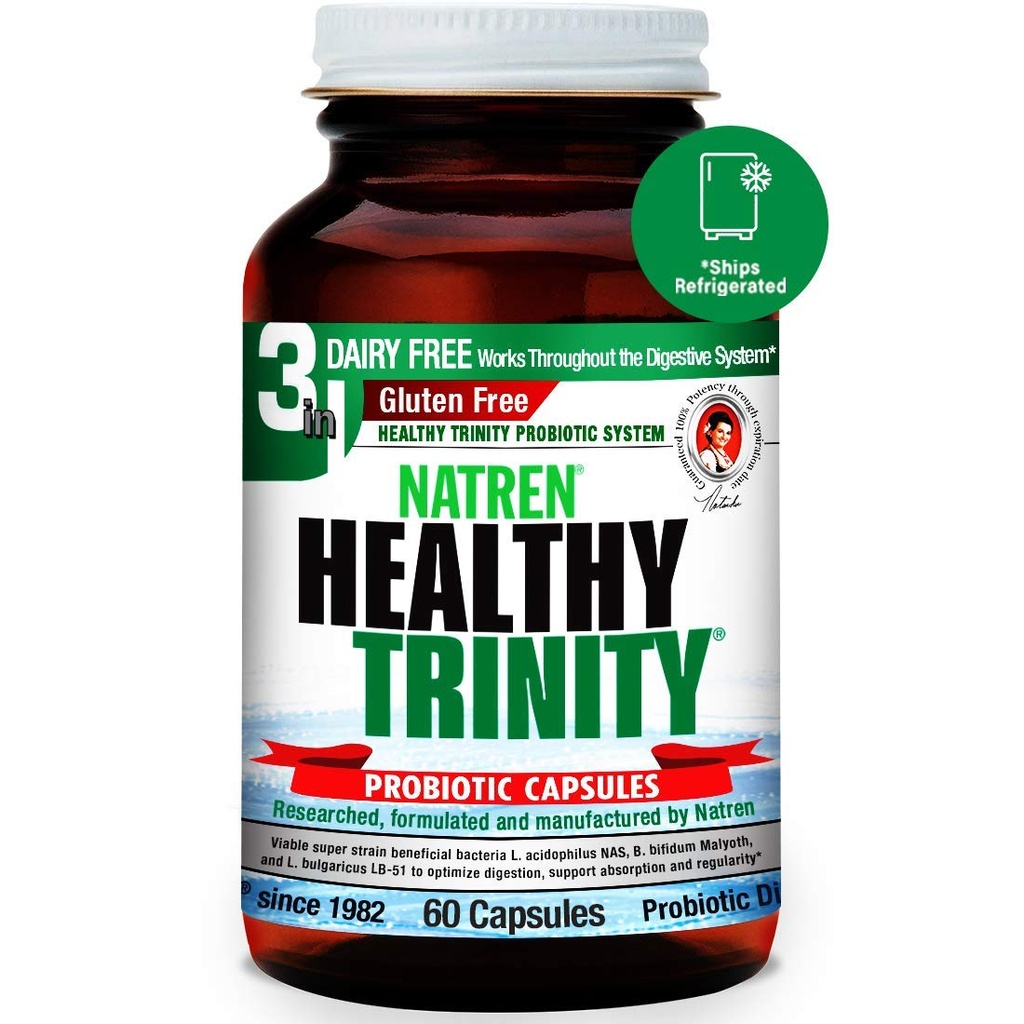 Natren Healthy Trinity Probiotics Supplement - 60 κάψουλες Gel χωρίς γαλακτοκομικά και γλουτένη - Βελτίωση της υγείας των ούρων και της πέψης, - 30 δισεκατομμύρια CFU - Lactobacillus Acidophilus, Bifidobacterium, Bulgaricus