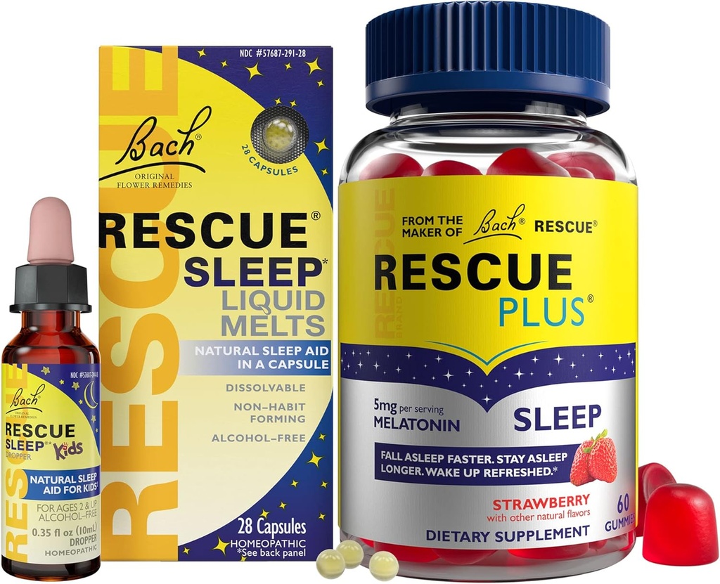 RESCUE Nighttime Sleep Aid Sche, 3Pk - Bach Sleep Kids Dropper, 10mL Sleep Liquid Melts, 28Ct Plus Sleep Gummies with 5 mg Melatonin/dose, 60Ct