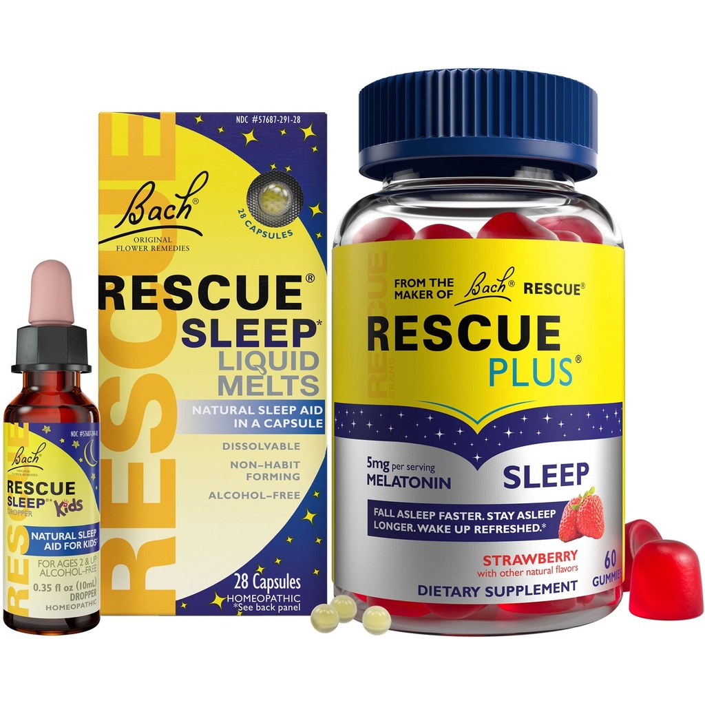 RESCUE Nighttime Sleep Aid Sche, 3Pk - Bach Sleep Kids Dropper, 10mL Sleep Liquid Melts, 28Ct Plus Sleep Gummies with 5 mg Melatonin/dose, 60Ct