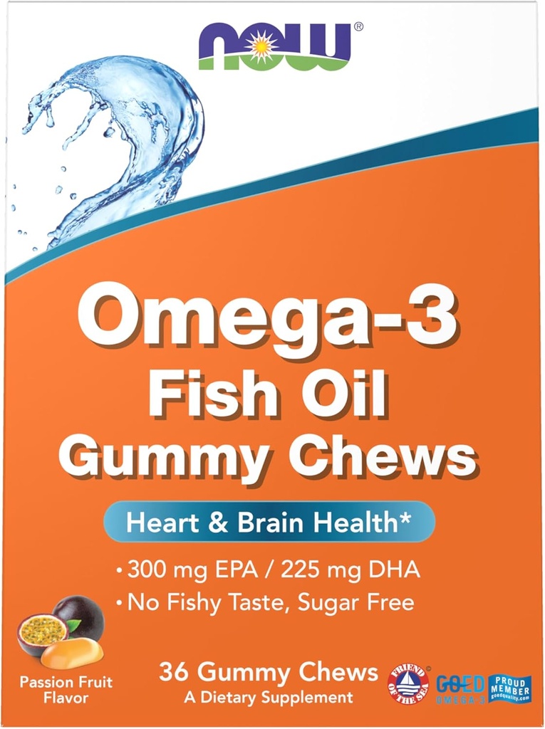 Τώρα Συμπληρώματα, Omega-3 Gummy Μάσημα ιχθυέλαιο, Πορτοκαλί άρωμα φρούτων πάθους, 36 μάσημα Gummy