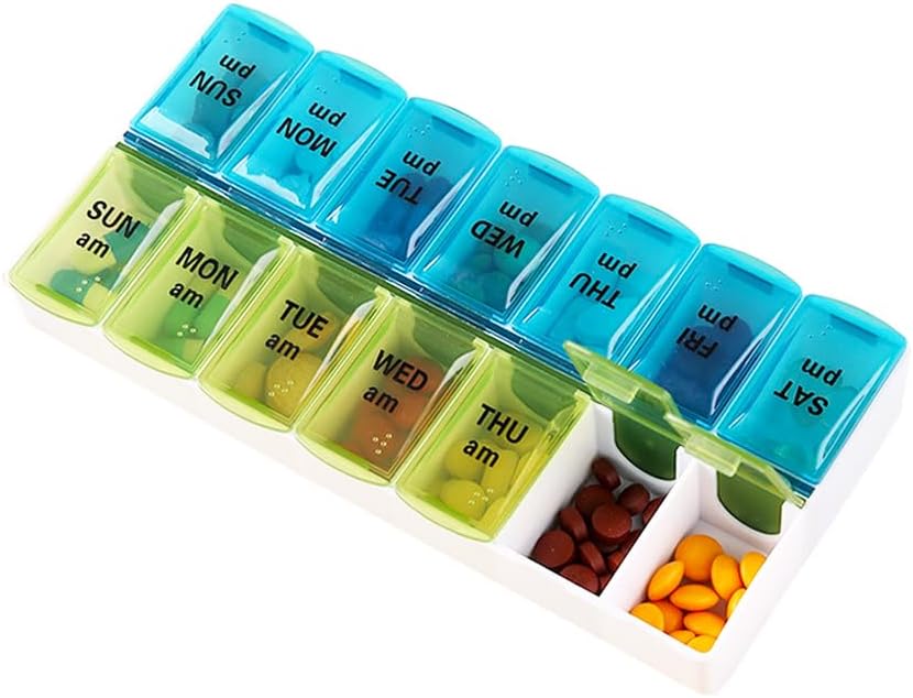 Weekly Pill Organizer Dispenser, 2 φορές την ημέρα, One-Side Open Pill Box 7 Day Medicine Planner για εύκολη συμπλήρωση, AM Pill περίπτωση για βιταμίνες, φαρμακευτική αγωγή, συμπληρώματα, ιχθυέλαια, μπλε + πράσινο