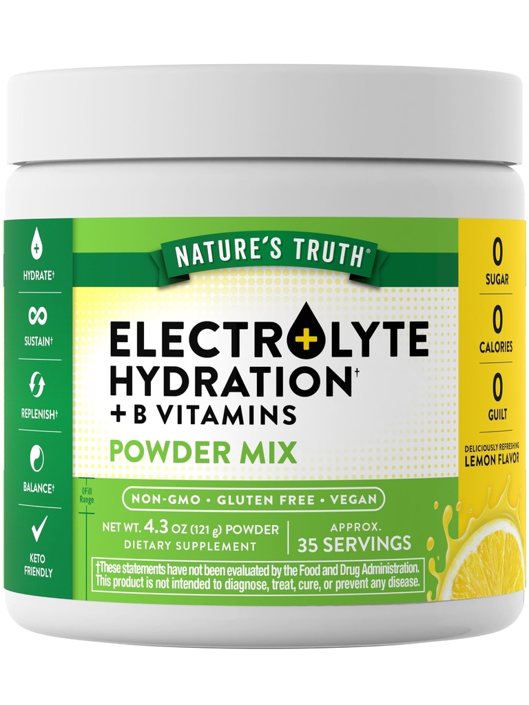Nature's Truth Electrolytes Toz | No Sugar | with B Vitamins | Reneing Lemon Flavor | Vegan, Non-GMO & Gluten Free Supplement for Hydration