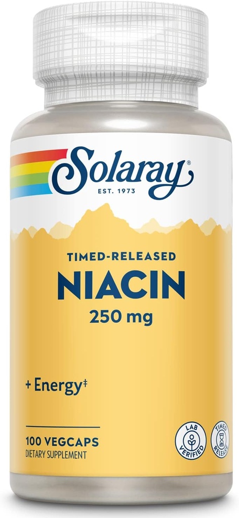 SOLARAY Niacin Timed-Release 250mg, B3 | Skin Health, Heart & Nervous System Support | 100ct