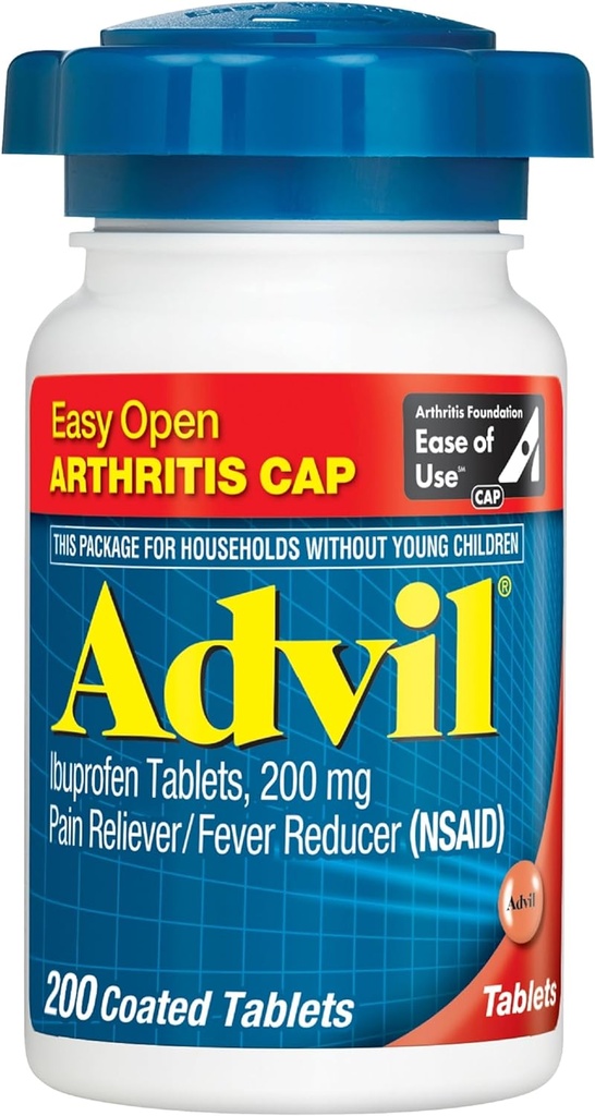Advil (200 Kont) Easy Open Arthritis Cap Pain Reliever/Fever Function Kaplaması, 200 mg Ibuprofen, Geçici Ağrı Yardımı