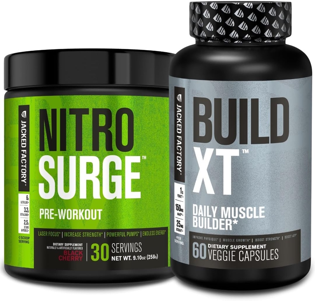 Jacked Factory Nitrosurge Pre-Education in Black Cherry & Build XT Muscle Building Bundle for Men & Women